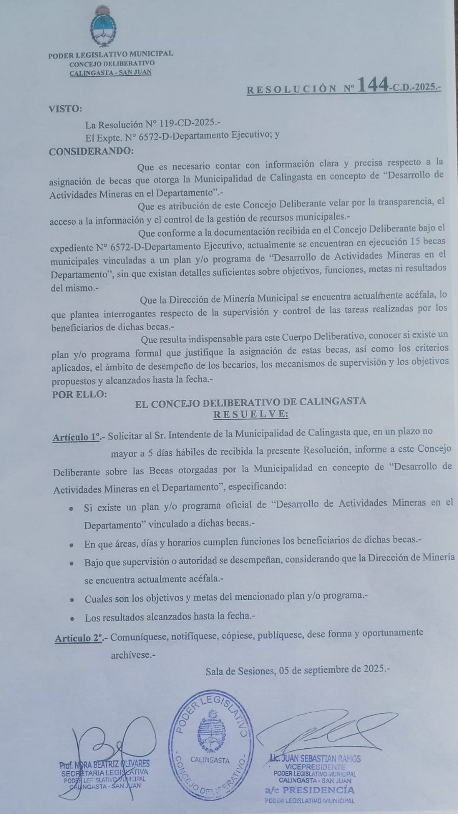 Calingasta: el Concejo pide explicaciones por becas de $400.000 a desempleados mineros
